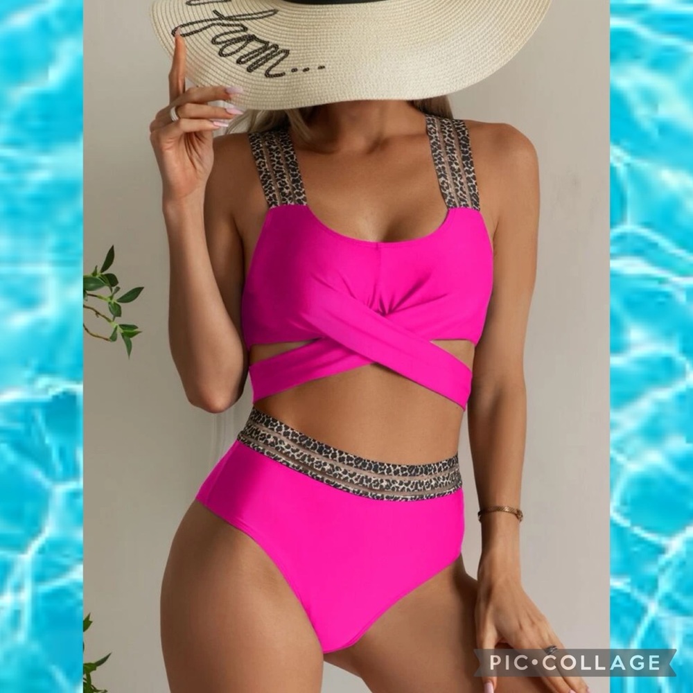 Barbiecore Hot Pink Leopard Trim Cross Wrap Top High Waist Bikini Size Large - Picture 3 of 5